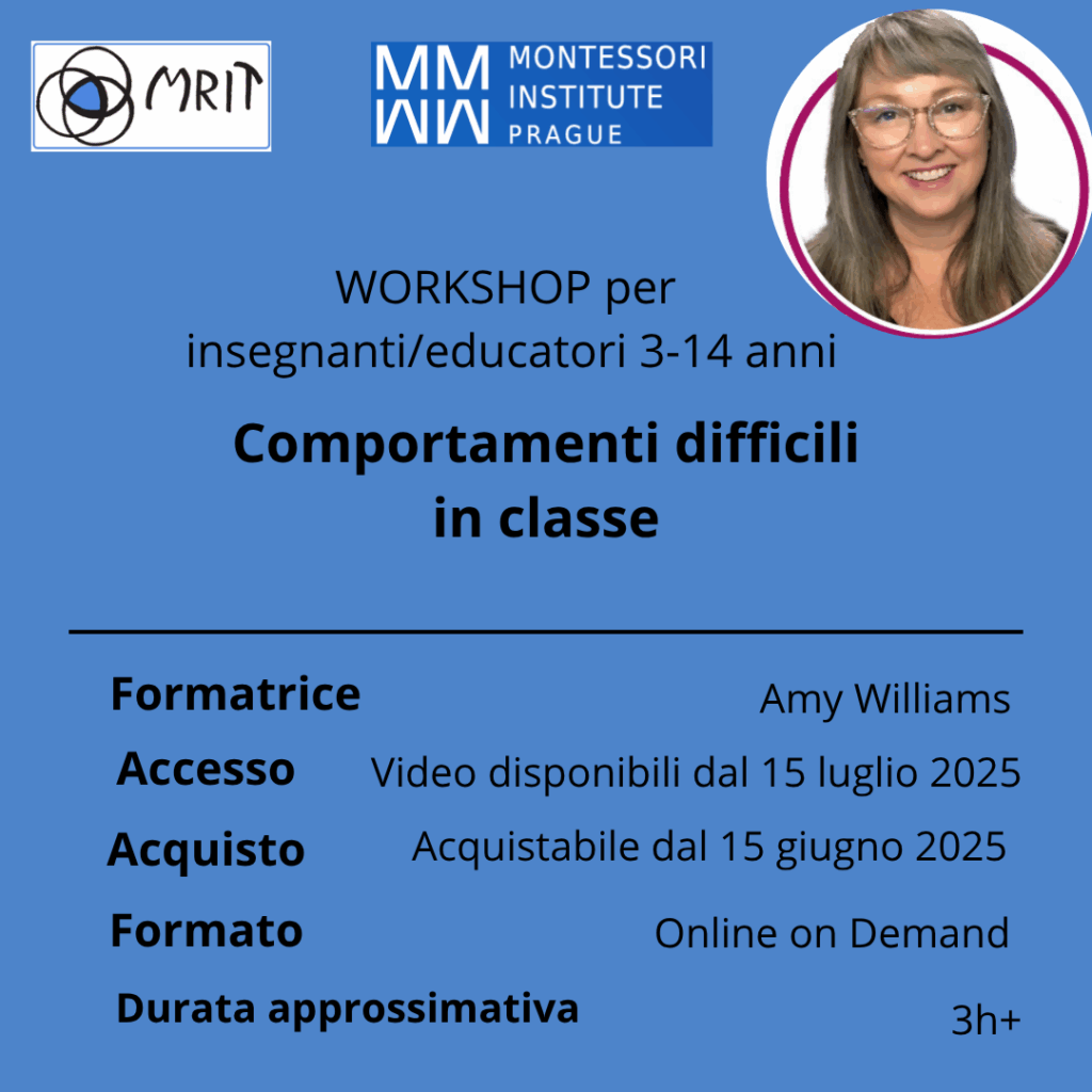 Corso di Amy Williams
"Comportamenti difficili in classe"
Per insegnanti Montessori e metodo comune scuola dell'infanzia e scuola primaria. Insegnanti di scuola da 2 12 anni.
Acquistabile con Carta del docente.